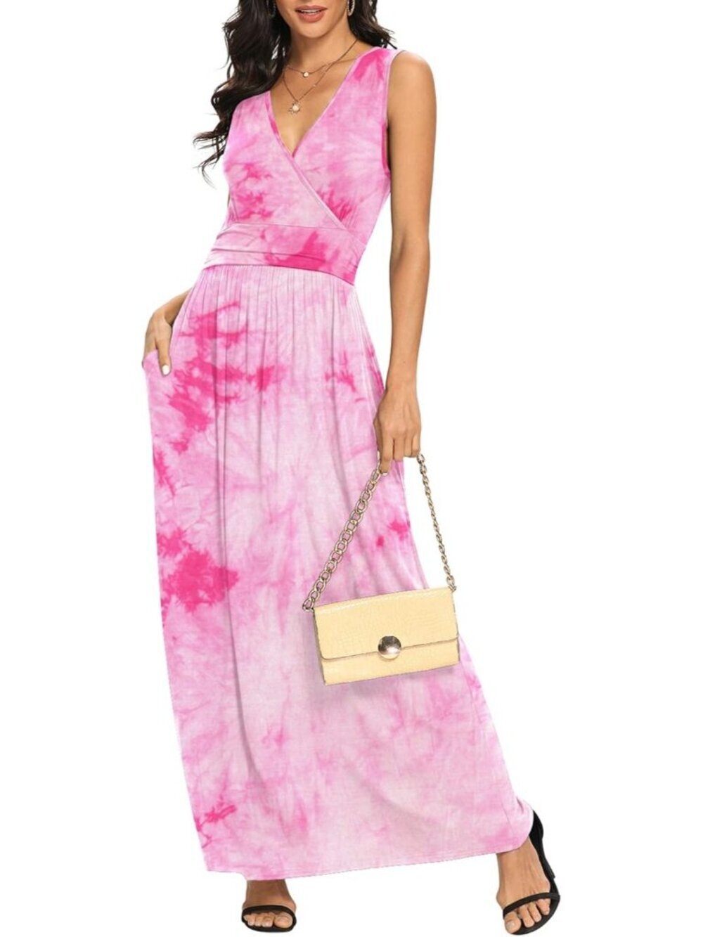 Lilbetter Women's Flower Red Sleeveless Deep Loose Plain Maxi Casual Dress